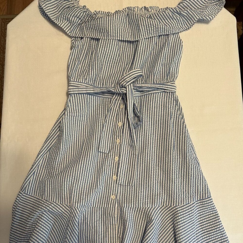 Blue and white seersucker off-the-shoulder dress
